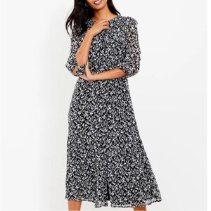 NWT Loft black white floral ruffle midi shirt dress long sleeves